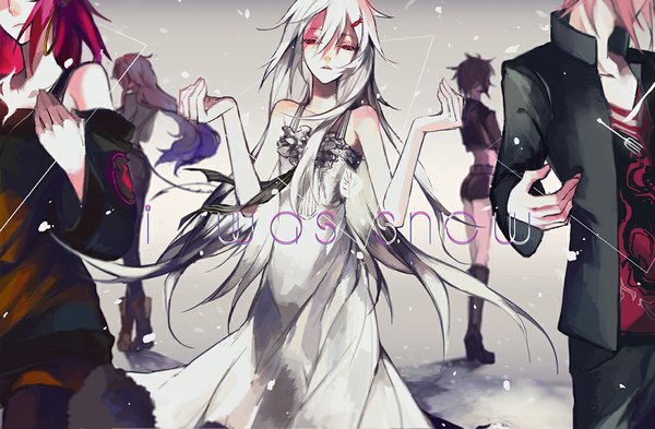 Anime picture 1100x722 with original nenene long hair looking at viewer short hair open mouth red eyes standing bare shoulders multiple girls pink hair purple hair white hair from behind inscription teeth snowing winter group snow