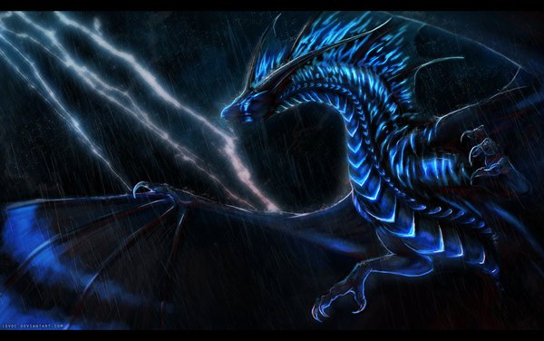 Anime picture 1129x708 with original isvoc signed night dark background rain no people fantasy lightning dragon wings wings dragon claws