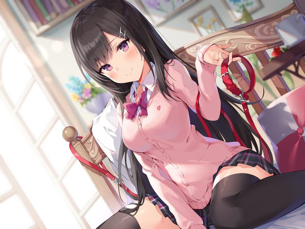 Anime picture 3200x2400 with original ale nqki single long hair looking at viewer blush fringe highres smile sitting purple eyes holding absurdres bent knee (knees) indoors blunt bangs long sleeves pleated skirt from below dutch angle