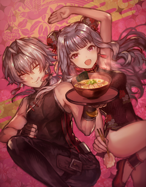 Anime picture 670x856 with idolmaster idolmaster side-m shijou takane kizaki ren shigaraki (strobe blue) long hair tall image fringe light erotic purple eyes yellow eyes ponytail blunt bangs traditional clothes arm up grey hair hair bun (hair buns) sleeveless piercing chinese clothes