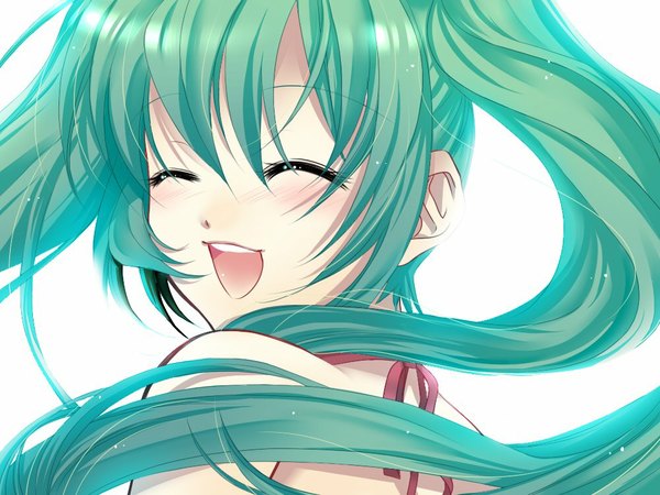 Anime picture 1000x750 with vocaloid hatsune miku akaume open mouth simple background white background twintails eyes closed very long hair aqua hair girl
