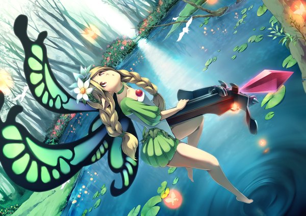 Anime picture 1200x850 with odin sphere vanillaware mercedes (odin sphere) blonde hair braid (braids) hair flower pointy ears sunlight twin braids looking up elf insect wings butterfly wings girl dress hair ornament weapon animal wings tree (trees)
