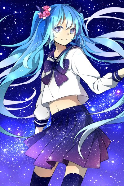 Anime picture 1000x1500 with vocaloid hatsune miku aoi yuki single tall image looking at viewer blue eyes twintails blue hair sky very long hair pleated skirt hair flower light smile night midriff night sky girl thighhighs skirt
