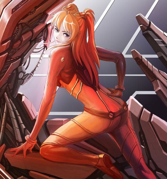 Anime picture 1500x1609 with neon genesis evangelion gainax soryu asuka langley turewindwalker single long hair tall image looking at viewer purple eyes twintails ass orange hair realistic hand on hip girl bodysuit pilot suit