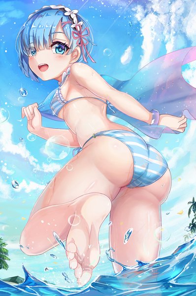 Anime picture 597x900 with re:zero kara hajimeru isekai seikatsu white fox rem (re:zero) l.bou single tall image looking at viewer blush fringe open mouth blue eyes light erotic hair between eyes standing holding sky cloud (clouds) ass blunt bangs looking back