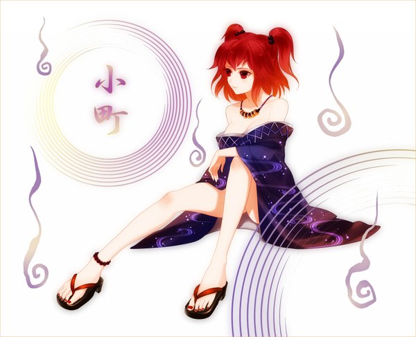 Anime picture 1600x1300 with touhou onozuka komachi viridiflora short hair red eyes sitting red hair traditional clothes two side up legs girl hair ornament hair tie beads sandals hair bobbles