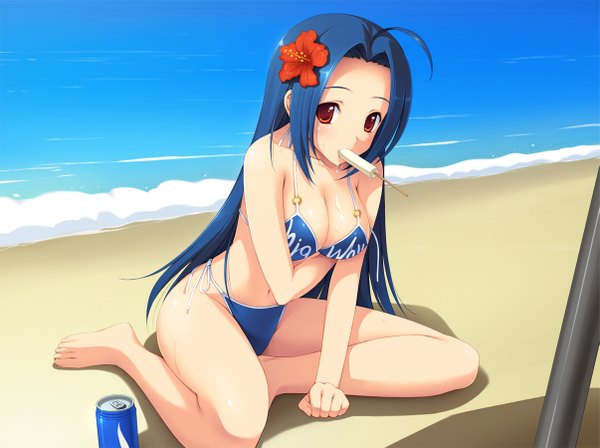 Anime picture 1205x900 with idolmaster miura azusa breasts light erotic brown eyes blue hair hair flower beach girl hair ornament swimsuit bikini food sweets ice cream