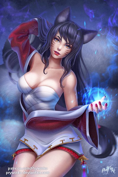 Anime picture 600x900 with league of legends ahri (league of legends) olga narhova single long hair tall image looking at viewer fringe breasts light erotic black hair sitting signed animal ears yellow eyes tail nail polish head tilt animal tail arm up