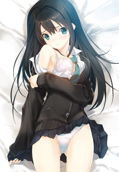 Anime picture 1605x2319 with idolmaster idolmaster cinderella girls shibuya rin nakamura takeshi single long hair tall image looking at viewer blush blue eyes light erotic black hair skirt lift girl uniform underwear panties school uniform lingerie bra