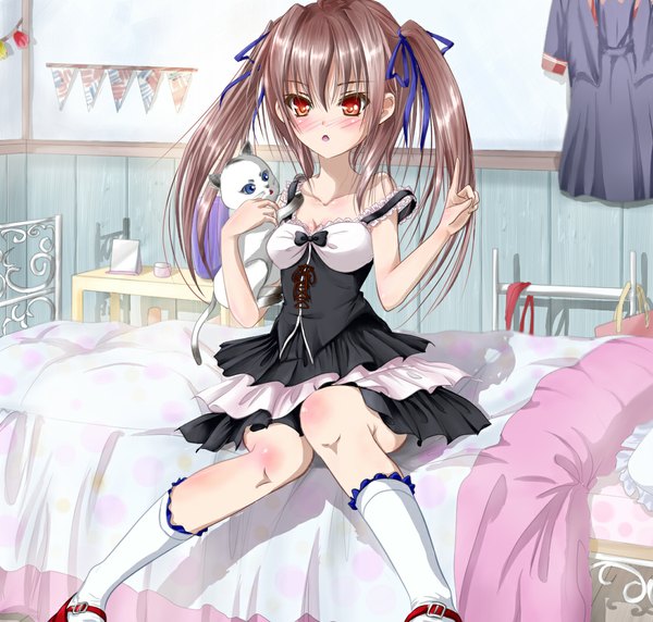 Anime picture 1100x1050 with original hajimetomikan single long hair blush brown hair sitting twintails indoors orange eyes strap slip girl dress ribbon (ribbons) hair ribbon animal socks shoes frills bed