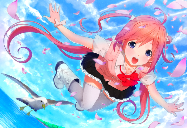 Anime picture 1000x685 with original ama mitsuki long hair open mouth purple eyes red hair flying girl thighhighs skirt miniskirt animal petals white thighhighs boots bird (birds)