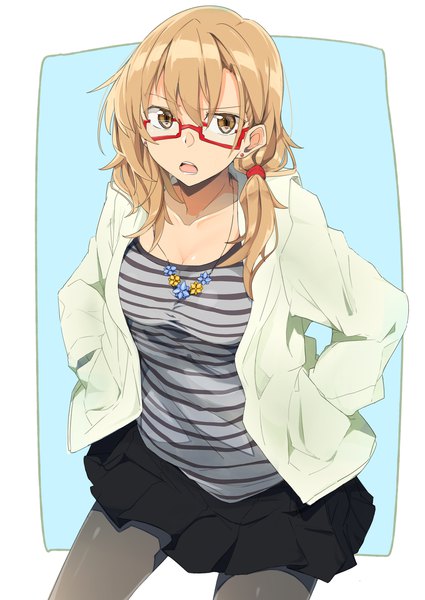 Anime picture 2149x3035 with original kazenoko single long hair tall image looking at viewer fringe highres open mouth blonde hair simple background hair between eyes brown eyes pleated skirt side ponytail low ponytail striped hands in pockets bespectacled girl
