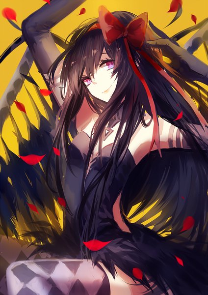 Anime picture 1060x1500 with mahou shoujo madoka magica shaft (studio) akemi homura akuma homura prophet chu single long hair tall image looking at viewer black hair simple background pink eyes black wings yellow background magical girl girl thighhighs dress gloves ribbon (ribbons)