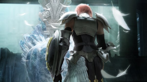 Anime picture 1344x756 with final fantasy final fantasy xiii square enix lightning farron single short hair wide image pink hair from behind realistic girl armor feather (feathers)