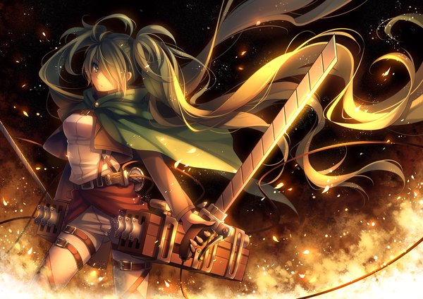 Anime picture 1414x1000 with shingeki no kyojin vocaloid production i.g hatsune miku tidsean single looking at viewer fringe holding green eyes very long hair green hair hair over one eye open clothes open jacket cosplay serious dual wielding crossdress girl