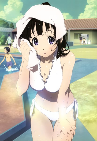 Anime picture 4087x5921 with hyouka kyoto animation nyantype chitanda eru takemoto yasuhiro long hair tall image looking at viewer blush highres light erotic black hair purple eyes absurdres official art girl navel swimsuit bikini frills