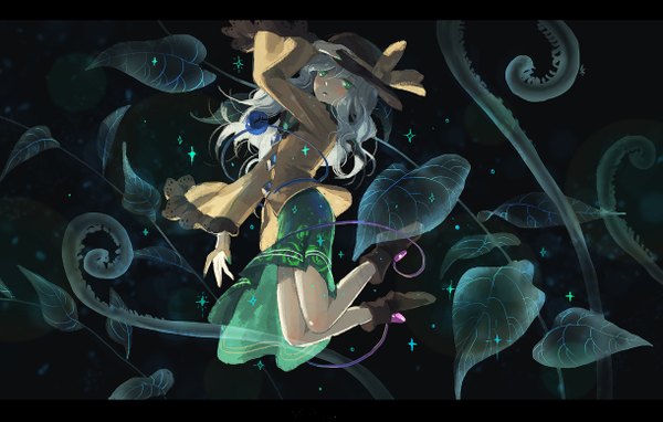 Anime picture 1219x777 with touhou komeiji koishi seeker single long hair looking at viewer blush green eyes blue hair long sleeves wide sleeves sparkle floral print dark background letterboxed adjusting hat girl skirt plant (plants) hat ribbon