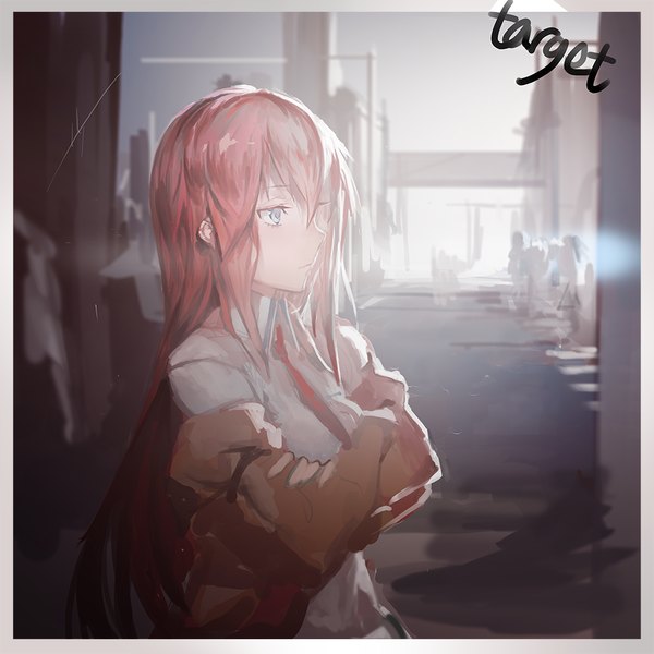 Anime picture 1000x1000 with steins;gate white fox makise kurisu aituoku single long hair signed looking away red hair inscription city border crossed arms silver eyes girl shirt necktie jacket