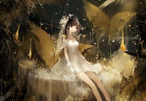 Anime picture 800x553 with original asahiro single long hair looking at viewer brown hair sitting brown eyes signed wedding girl dress gloves plant (plants) white gloves white dress insect butterfly tiara wedding dress