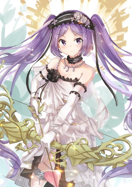 Anime picture 2480x3508 with fate (series) fate/hollow ataraxia euryale (fate) holmemee single tall image looking at viewer blush highres smile standing twintails purple eyes bare shoulders holding payot purple hair very long hair flat chest girl