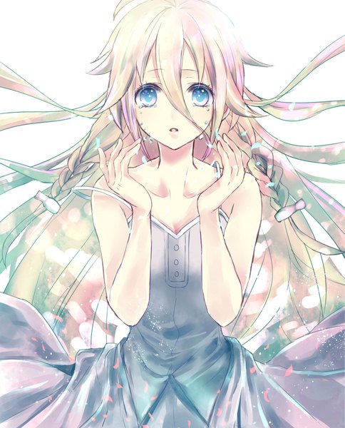 Anime picture 1485x1840 with vocaloid ia (vocaloid) alicetype single long hair tall image looking at viewer blue eyes simple background blonde hair white background bare shoulders ahoge braid (braids) tears twin braids girl dress sundress