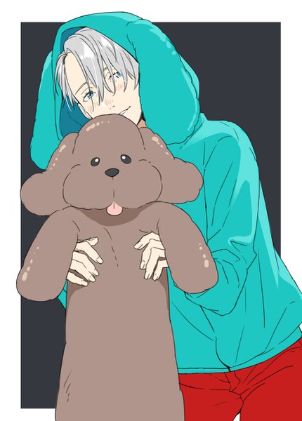 Anime picture 861x1200 with yuri!!! on ice mappa viktor nikiforov makkachin natsuko (bluecandy) single tall image blush fringe short hair blue eyes simple background holding silver hair hair over one eye leaning black background framed boy animal