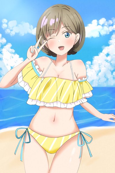 Anime picture 1971x2958 with hello!!! love live! sunrise (studio) love live! tang keke matcha 427 single tall image looking at viewer blush highres short hair breasts open mouth blue eyes light erotic smile standing sky cloud (clouds) outdoors
