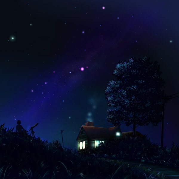 Anime picture 1500x1500 with original monorisu sitting sky night night sky light smoke plant (plants) tree (trees) window star (stars) grass house telescope figure
