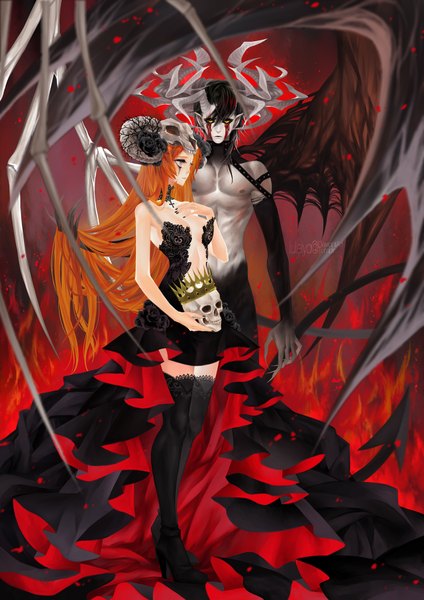 Anime picture 1280x1810 with bleach studio pierrot inoue orihime ulquiorra schiffer luleiya long hair tall image short hair light erotic black hair purple eyes holding yellow eyes cleavage red hair nail polish multicolored hair hair flower horn (horns) orange hair