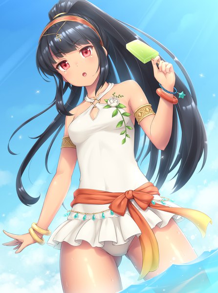 Anime picture 900x1210 with original sasaame single long hair tall image looking at viewer fringe light erotic black hair red eyes payot sky outdoors ponytail :o from below partially submerged covered navel ass visible through thighs halterneck