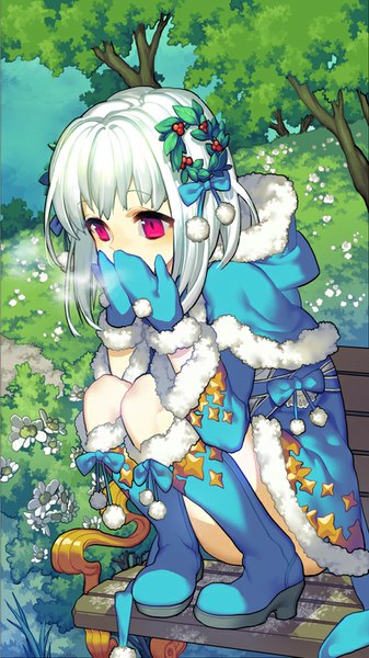 Anime picture 500x888 with original pika (kai9464) single tall image fringe short hair sitting looking away white hair pink eyes sunlight squat exhalation girl flower (flowers) bow plant (plants) tree (trees) star (symbol) fur