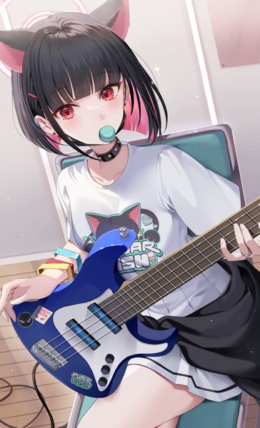 Anime picture 2342x3858 with blue archive kazusa (blue archive) kazusa (band) (blue archive) ion (on01e) single tall image looking at viewer fringe highres short hair black hair red eyes sitting holding animal ears indoors blunt bangs multicolored hair cat ears crossed legs