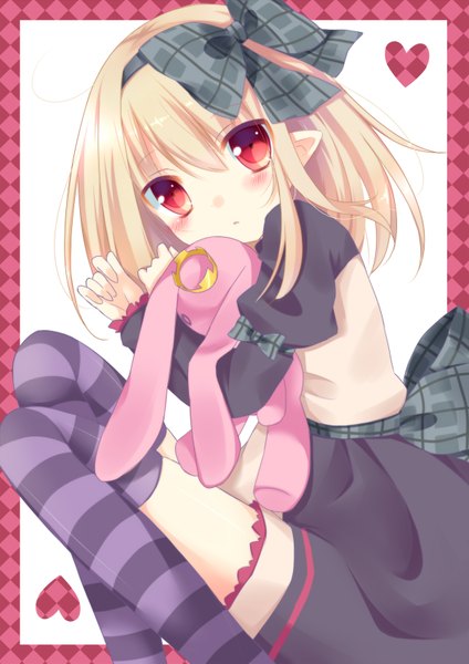 Anime picture 1200x1697 with emil chronicle online dark feather alma hoshi (snacherubi) tall image blush short hair blonde hair red eyes white background sitting holding long sleeves pointy ears hug framed hug from behind thighhighs dress bow hair bow