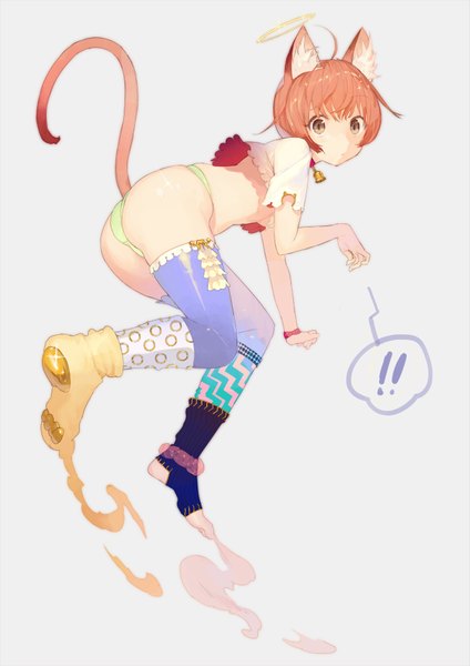 Anime picture 1273x1800 with original noco (adamas) single tall image looking at viewer fringe short hair light erotic simple background brown eyes animal ears ahoge tail cat ears grey background cat girl cat tail ghost girl thighhighs