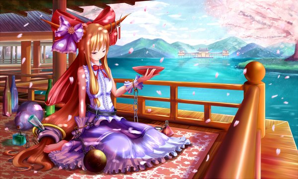 Anime picture 1540x925 with touhou ibuki suika long hair blue eyes brown hair wide image sitting horn (horns) cherry blossoms girl bow plant (plants) petals tree (trees) water chain alcohol sake sakazuki