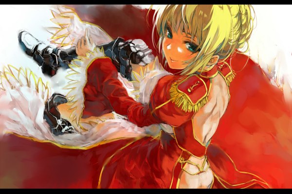 Anime picture 1350x900 with fate/extra artoria pendragon (all) saber kusanagi kikoku single looking at viewer blush fringe short hair blonde hair smile sitting green eyes bare back girl dress thigh boots red dress