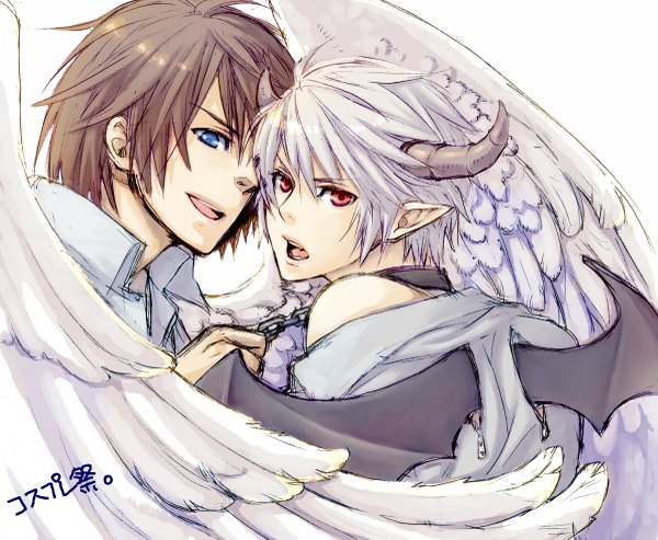 Anime picture 1200x987 with final fantasy xiii hope estheim noel kreiss short hair blue eyes simple background red eyes brown hair white background bare shoulders holding white hair horn (horns) from behind couple back open collar angel wings bat wings angel