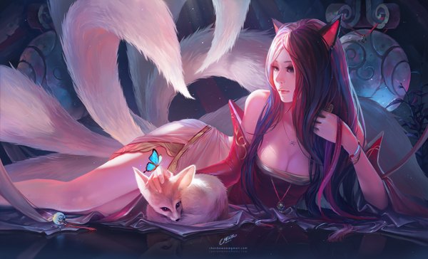Anime picture 1600x972 with league of legends ahri (league of legends) chenbo single long hair wide image bare shoulders animal ears cleavage animal tail multicolored hair lips fox ears fox tail fox girl butterfly on hand girl animal insect butterfly