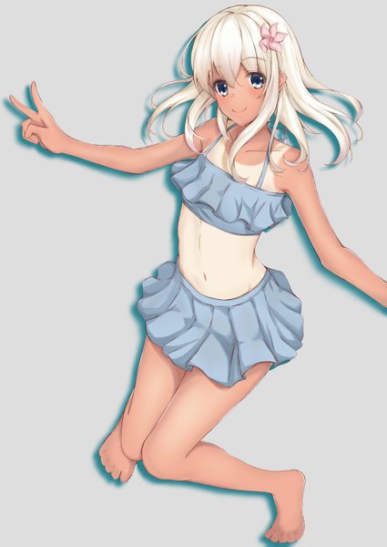 Anime picture 4299x6070 with kantai collection ro-500 submarine kaze hajime single long hair tall image looking at viewer blush fringe highres blue eyes light erotic simple background blonde hair smile hair between eyes bare shoulders absurdres full body bent knee (knees)