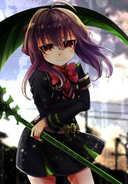 Anime picture 2052x2952 with owari no seraph wit studio hiiragi shinoa umi (artist) single long hair tall image looking at viewer blush fringe highres smile hair between eyes standing holding brown eyes purple hair ahoge head tilt wind