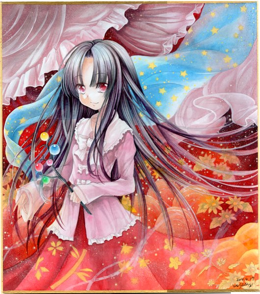 Anime picture 1327x1500 with touhou houraisan kaguya mosho single long hair tall image looking at viewer black hair smile red eyes signed floral print border traditional media watercolor (medium) girl star (symbol)