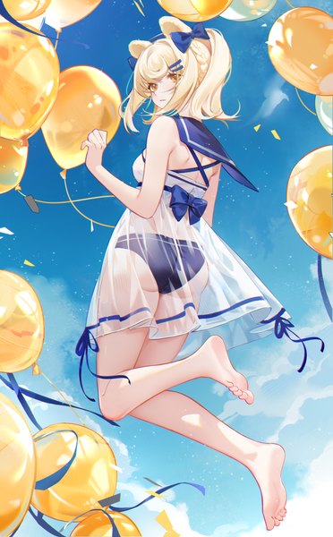 Anime picture 3000x4839 with arknights gummy (arknights) gummy (summer flowers) (arknights) zaocan nai cha single tall image highres short hair light erotic blonde hair animal ears yellow eyes sky cloud (clouds) full body ass barefoot bare legs two side up official alternate costume