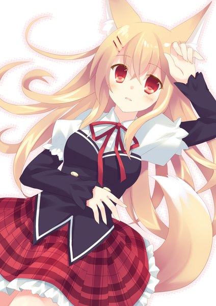 Anime picture 580x819 with original takase kanan single long hair tall image looking at viewer blush fringe simple background hair between eyes red eyes white background animal ears payot tail parted lips animal tail pleated skirt puffy sleeves fox ears