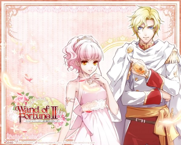 Anime picture 1280x1024 with wand of fortune wand of fortune 2 idea factory lulu (wand of fortune) noel valmore looking at viewer short hair open mouth blue eyes blonde hair pink hair light smile orange eyes girl dress boy hair ornament flower (flowers) jewelry feather (feathers)