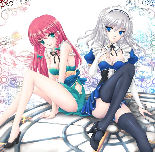 Anime picture 1219x1200 with touhou izayoi sakuya hong meiling fred0092 long hair looking at viewer breasts open mouth blue eyes light erotic bare shoulders multiple girls green eyes silver hair red hair braid (braids) maid legs twin braids girl