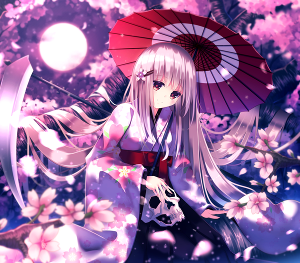 Anime picture 1119x981 with original kyouou ena single long hair tall image blonde hair smile sitting traditional clothes head tilt japanese clothes pink eyes hair flower wind night wide sleeves arm support night sky cherry blossoms floral print