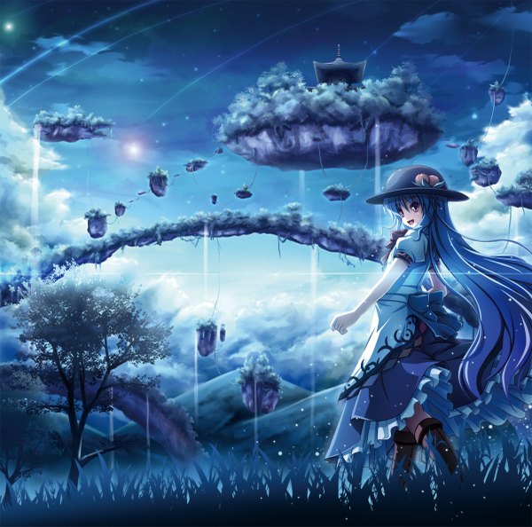 Anime picture 1200x1189 with touhou hinanawi tenshi akashio (loli ace) long hair purple eyes blue hair sky cloud (clouds) mountain landscape floating island girl bow plant (plants) hat tree (trees) star (stars) island