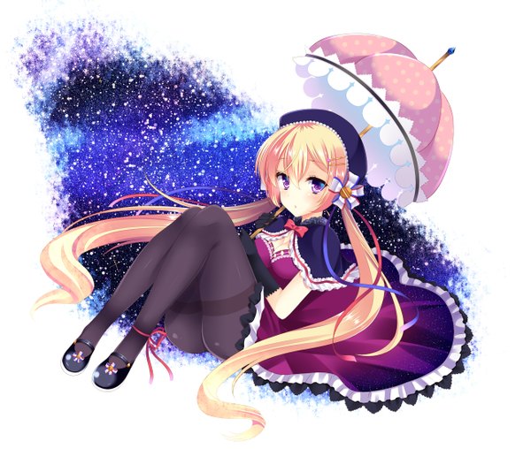 Anime picture 1300x1101 with original agekichi (heart shape) single looking at viewer fringe light erotic blonde hair hair between eyes twintails purple eyes full body very long hair low twintails girl dress pantyhose shoes frills black pantyhose umbrella