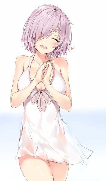Anime picture 1000x1700 with fate (series) fate/grand order mash kyrielight silver (chenwen) single tall image blush fringe short hair breasts open mouth light erotic large breasts bare shoulders pink hair eyes closed head tilt :d hair over one eye hands clasped