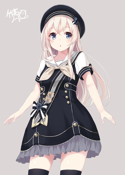 Anime picture 1429x2000 with kantai collection u-511 submarine takehana note single long hair tall image looking at viewer blush fringe open mouth blue eyes blonde hair simple background hair between eyes standing signed grey background :o from below alternate costume